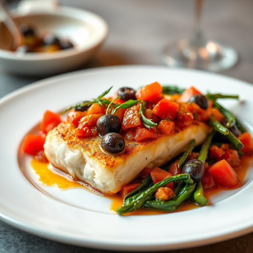 Baked Cod with Tomato Olive Relish and Sautéed Greens