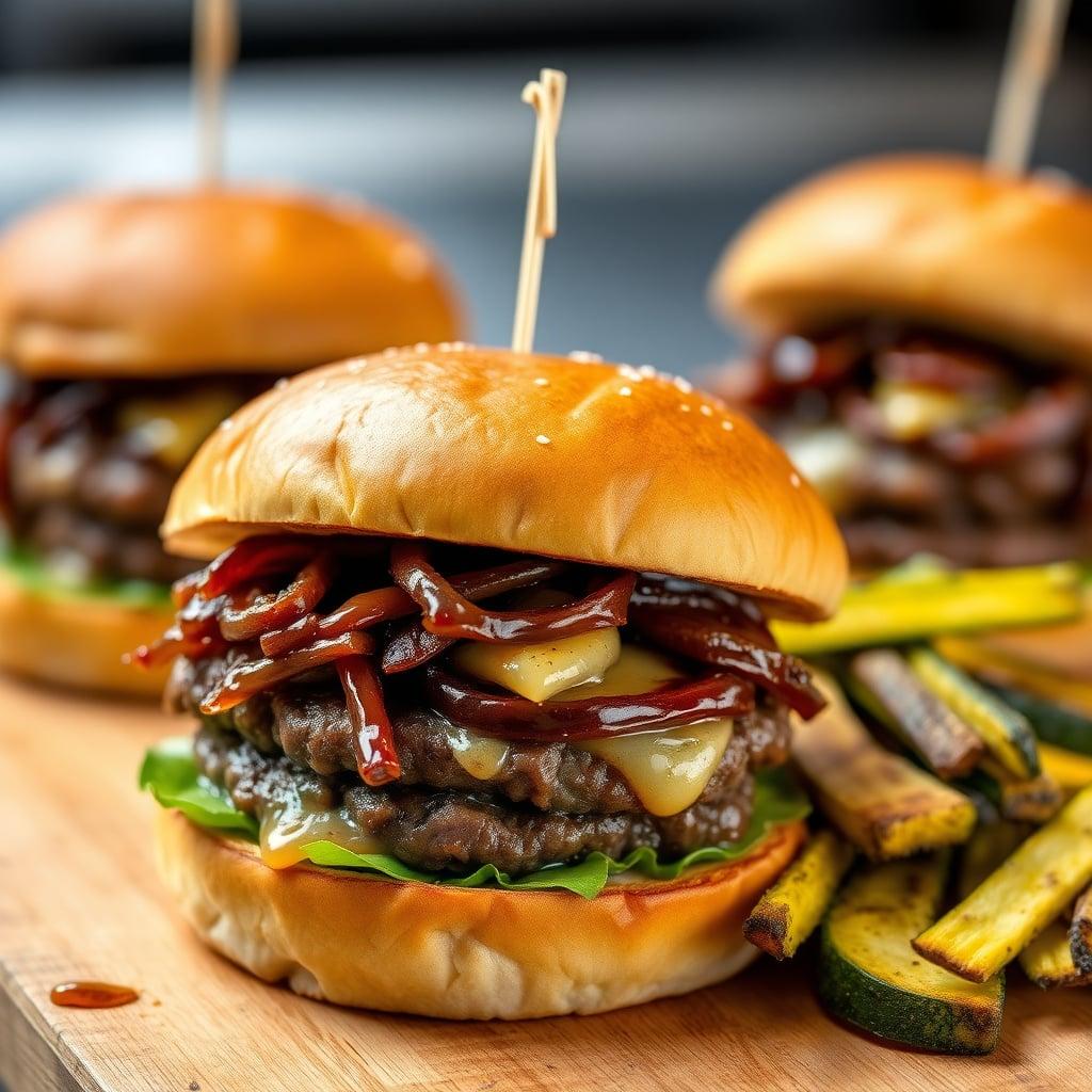 Gourmet Wagyu Burgers with Balsamic-Caramelized Onions, Gruyere, and Herb-Roasted Zucchini Fries Gourmet Wagyu Burgers with Balsamic-Caramelized Onions, Gruyere, and Herb-Roasted Zucchini Fries