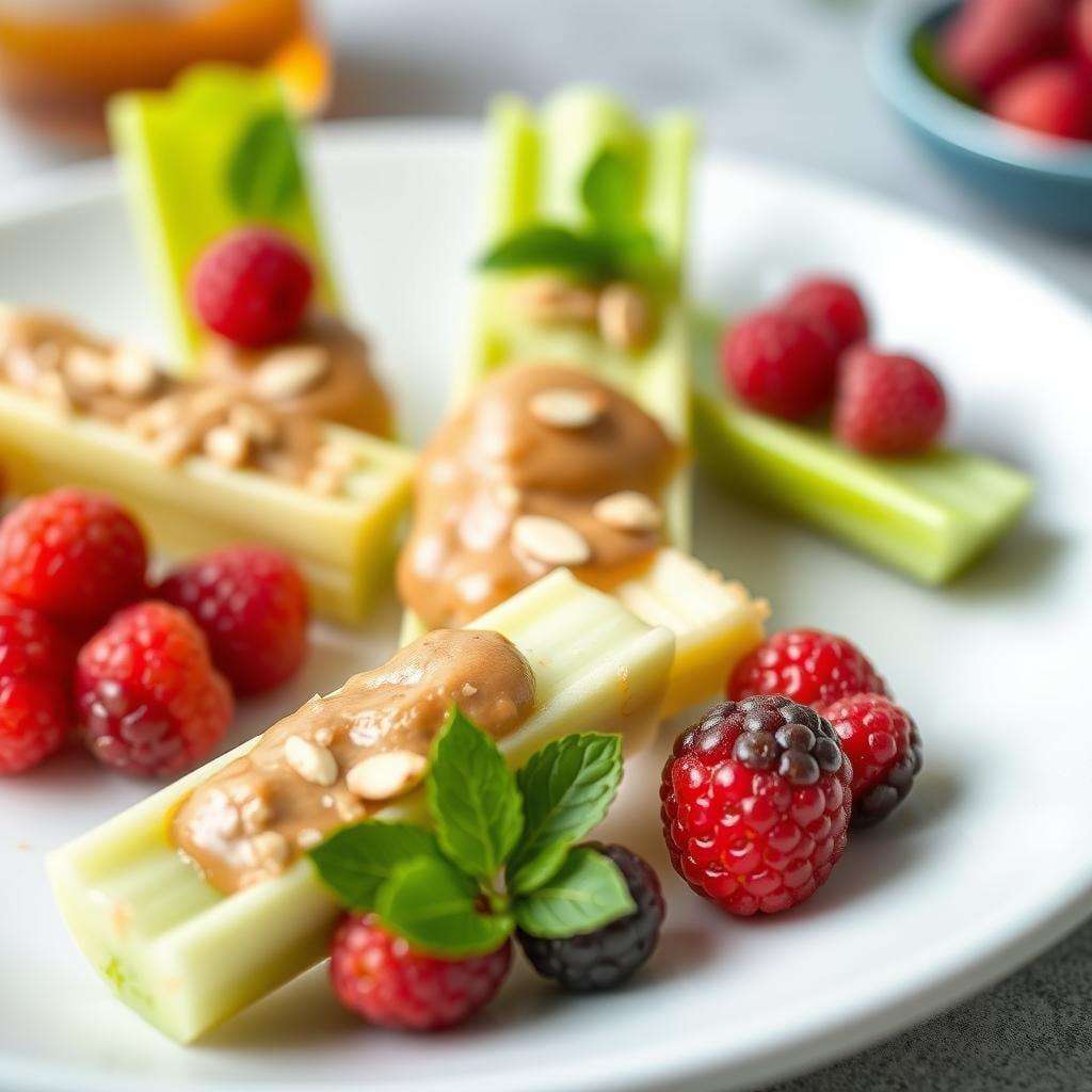Almond Butter Celery Boats with Berries