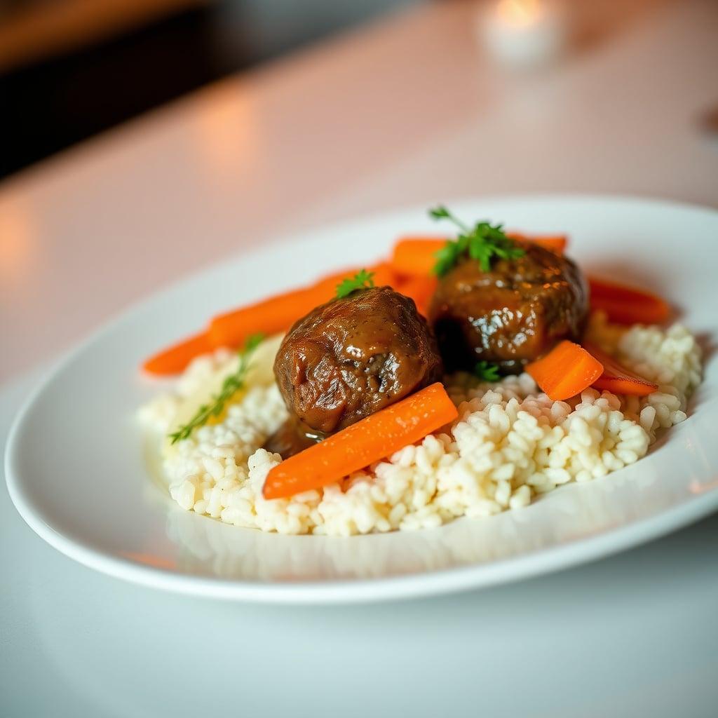 Greek-Style Beef Meatballs with Lemon Herb Rice and Honey-Glazed Carrots Greek-Style Beef Meatballs with Lemon Herb Rice and Honey-Glazed Carrots