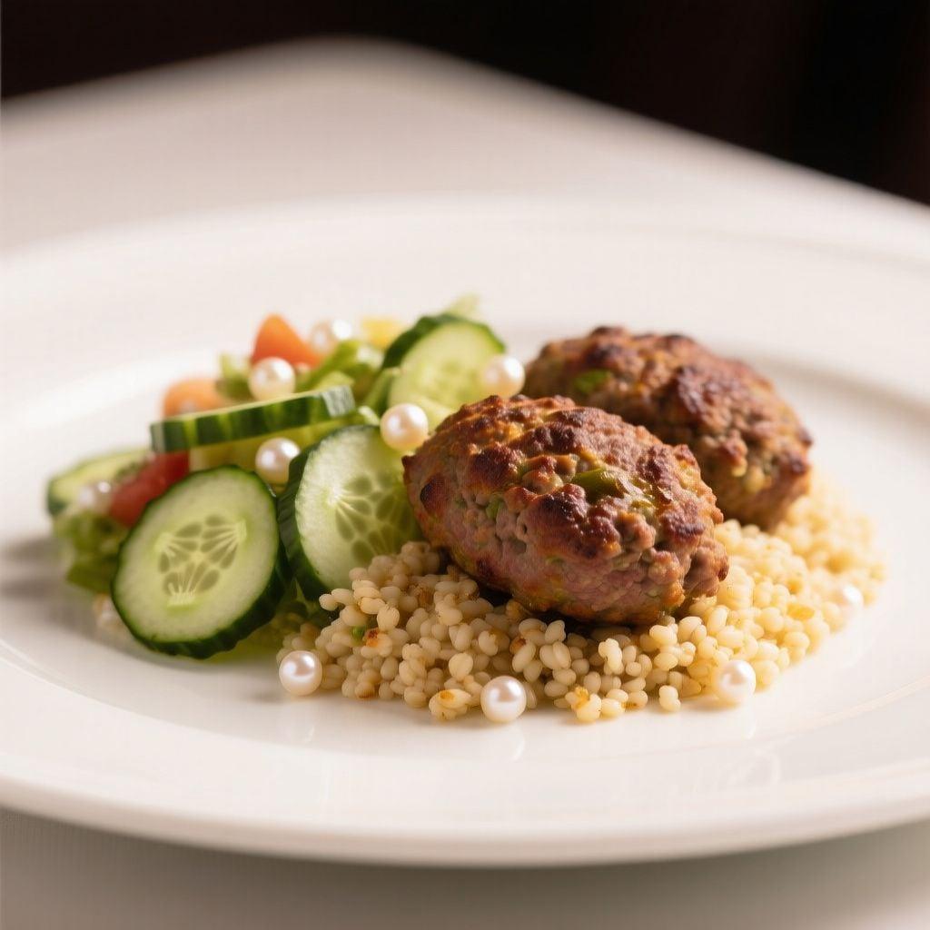 Baked Middle Eastern Ground Beef Kofta with Pearl Couscous and Cucumber Salad Baked Middle Eastern Ground Beef Kofta with Pearl Couscous and Cucumber Salad