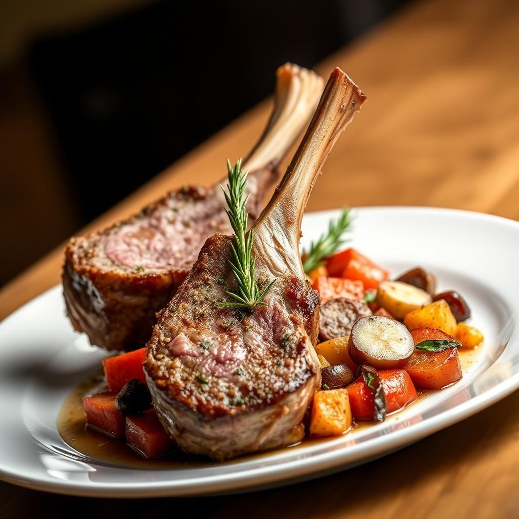 Herb-Crusted Mediterranean Lamb Chops with Roasted Vegetable Medley Herb-Crusted Mediterranean Lamb Chops with Roasted Vegetable Medley