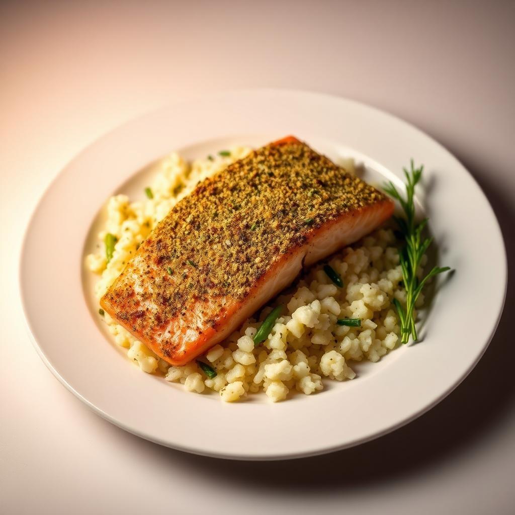 Herb-Crusted Baked Salmon with Cauliflower Rice Pilaf Herb-Crusted Baked Salmon with Cauliflower Rice Pilaf
