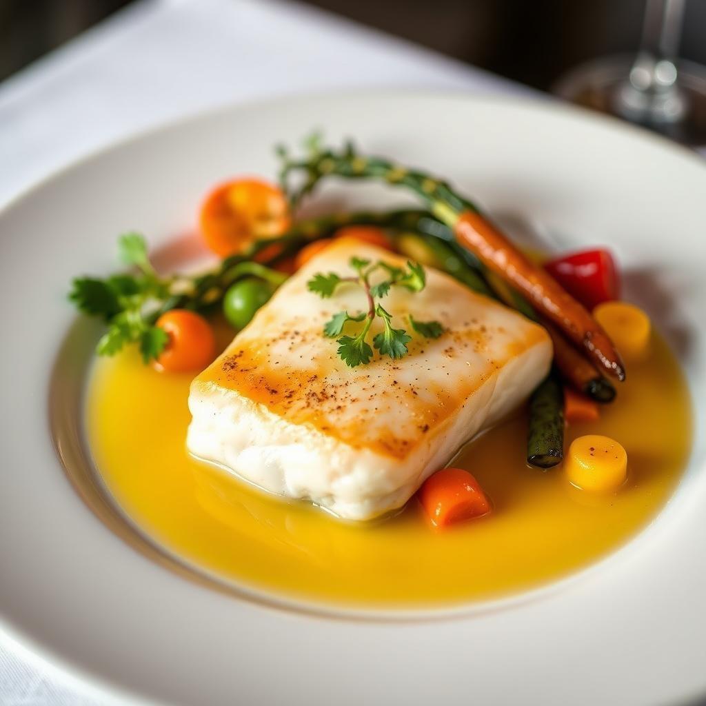 Pan-Seared Halibut with Saffron Broth & Spring Vegetables Pan-Seared Halibut with Saffron Broth & Spring Vegetables