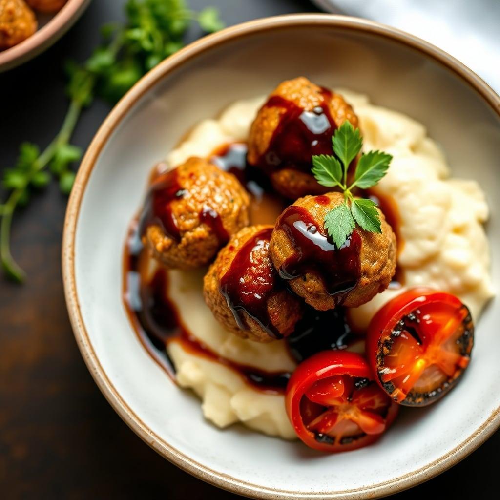 Balsamic-Glazed Turkey Meatballs with Cauliflower Mash and Roasted Tomatoes