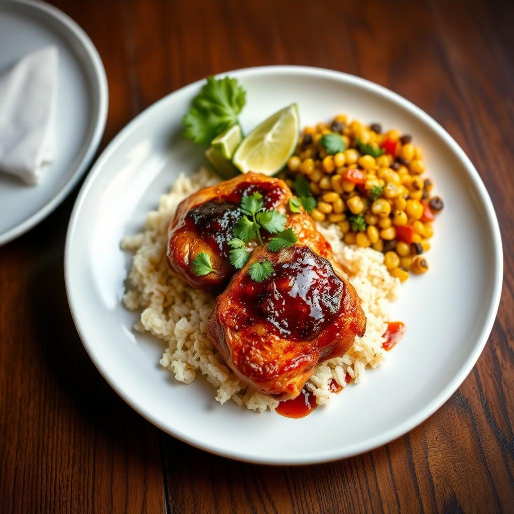 Chipotle Honey Glazed Chicken Thighs with Cilantro Lime Rice & Charred Corn Salsa