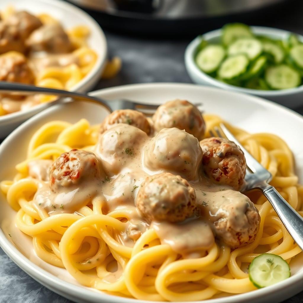 Slow Cooker Swedish Meatballs with Creamy Gravy, Egg Noodles and Dill Cucumber Salad Slow Cooker Swedish Meatballs with Creamy Gravy, Egg Noodles and Dill Cucumber Salad