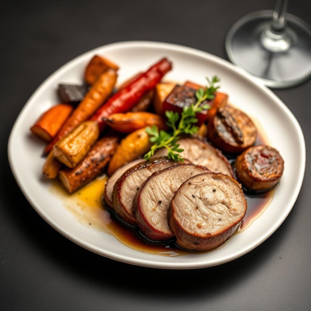 Balsamic Glazed Pork Tenderloin with Roasted Root Vegetables Balsamic Glazed Pork Tenderloin with Roasted Root Vegetables
