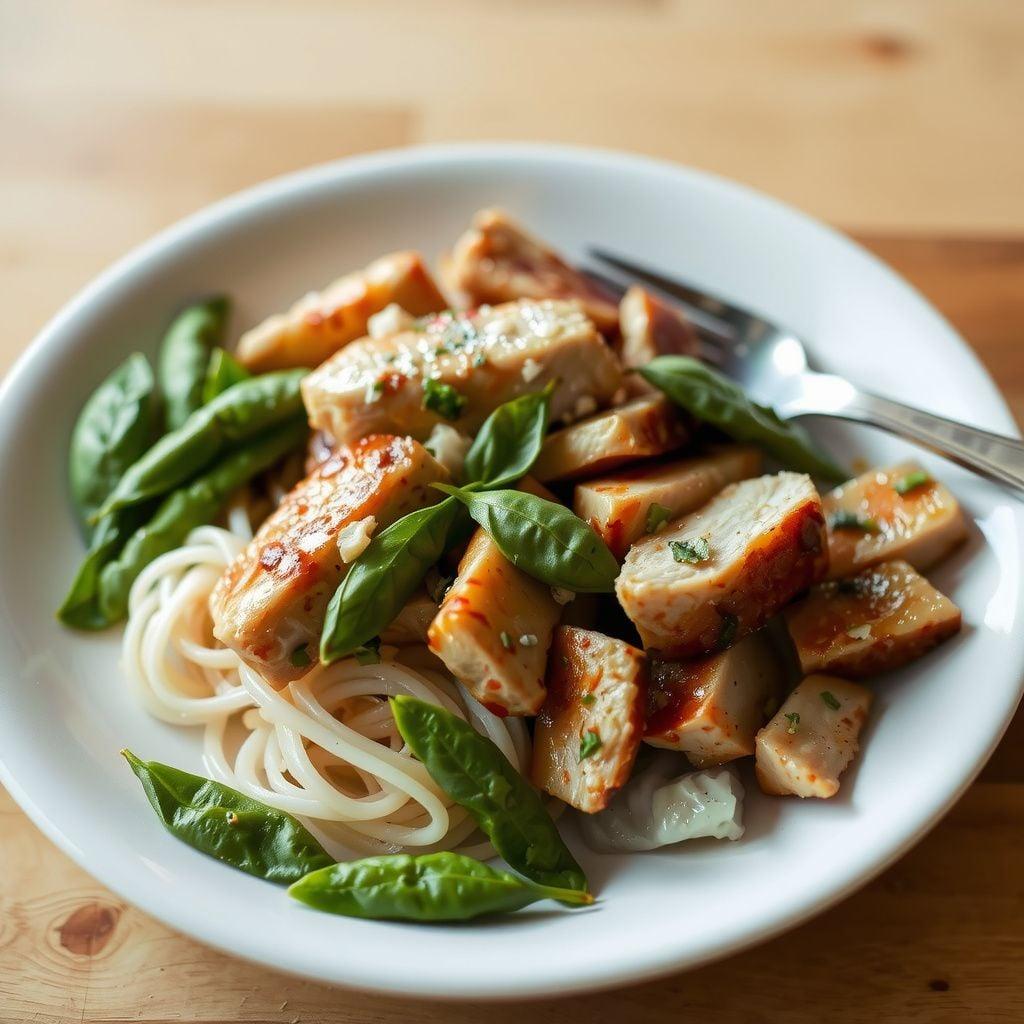 Thai Basil Chicken with Rice Noodles and Snap Peas Thai Basil Chicken with Rice Noodles and Snap Peas