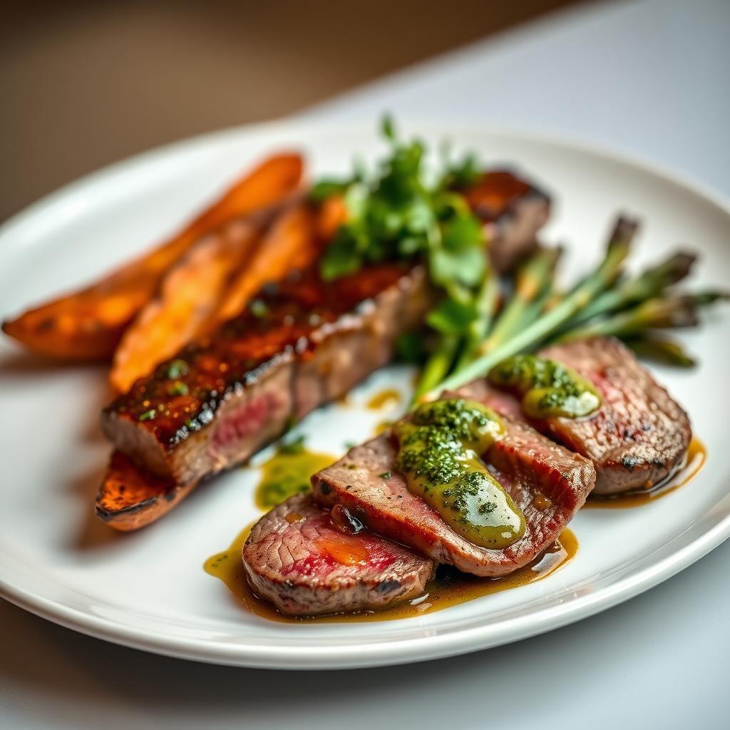 Bourbon-Glazed Flank Steak with Chimichurri, Roasted Sweet Potatoes and Charred Broccolini