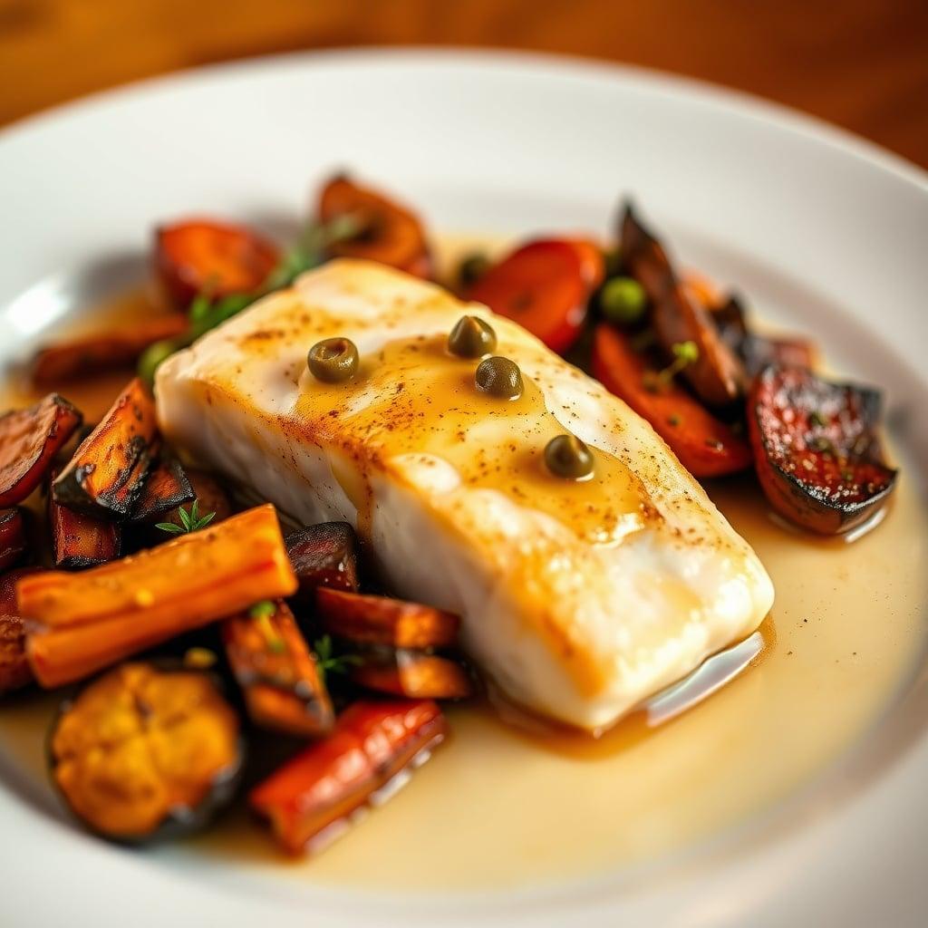 Pan-Seared Halibut with Brown Butter, Capers, and Roasted Root Vegetables Pan-Seared Halibut with Brown Butter, Capers, and Roasted Root Vegetables