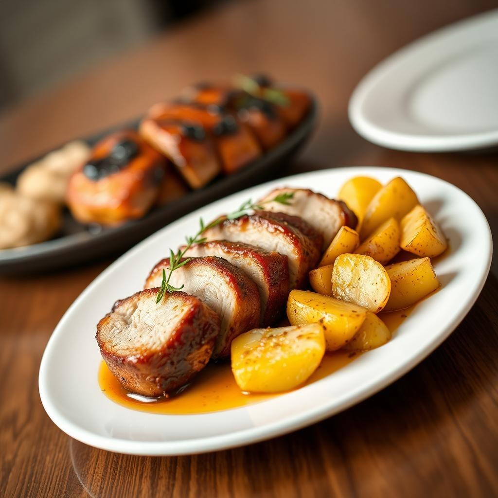 Honey Garlic Glazed Pork Tenderloin with Roasted Potatoes Honey Garlic Glazed Pork Tenderloin with Roasted Potatoes