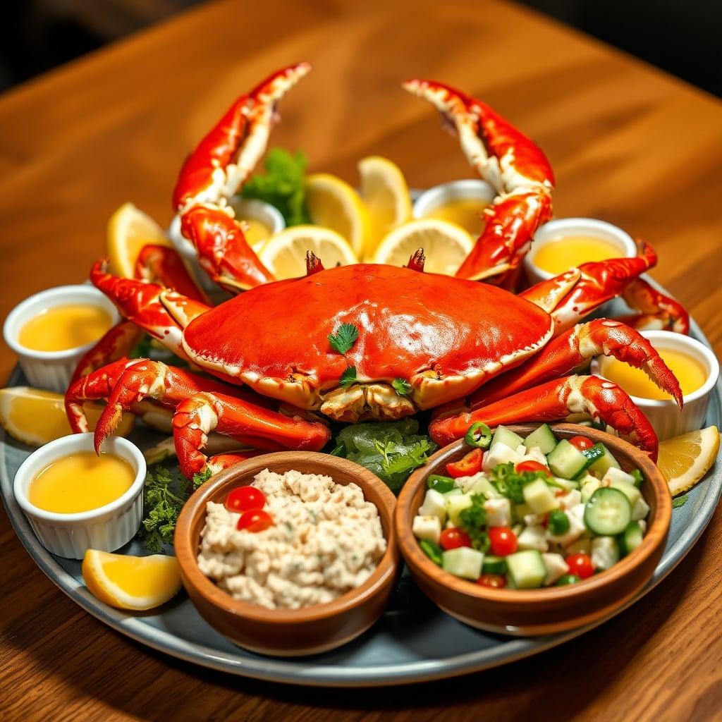 Garlic-Herb Steamed Dungeness Crab with Lemon Aioli, Artichoke Dip Platter and Mediterranean Cucumber Salad Garlic-Herb Steamed Dungeness Crab with Lemon Aioli, Artichoke Dip Platter and Mediterranean Cucumber Salad