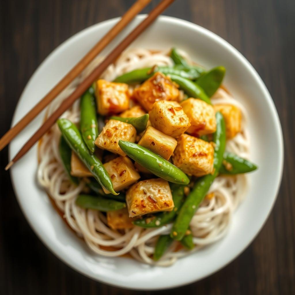 Sesame Ginger Tofu with Snap Peas and Rice Noodles Sesame Ginger Tofu with Snap Peas and Rice Noodles