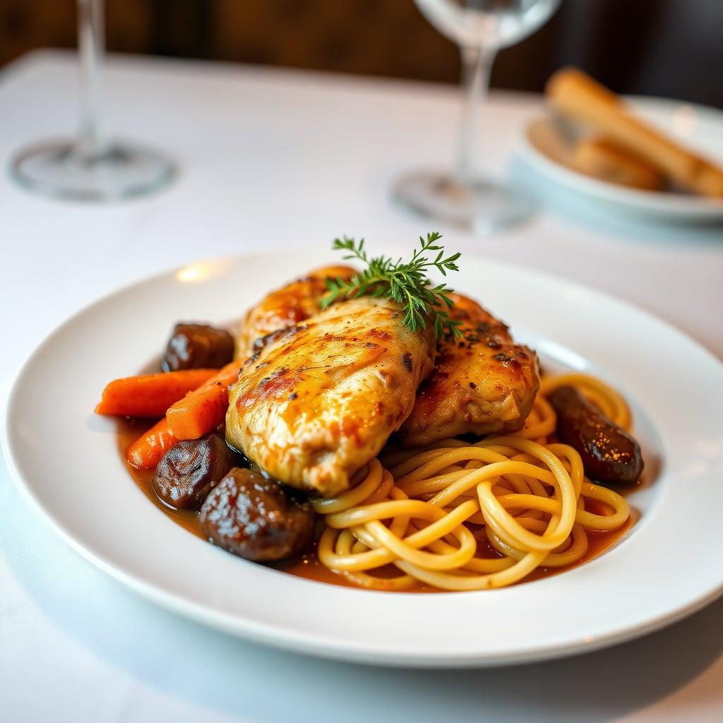 Normandy-Style Cider-Braised Chicken Thighs with Caramelized Onions, Glazed Carrots, and Buttered Egg Noodles Normandy-Style Cider-Braised Chicken Thighs with Caramelized Onions, Glazed Carrots, and Buttered Egg Noodles