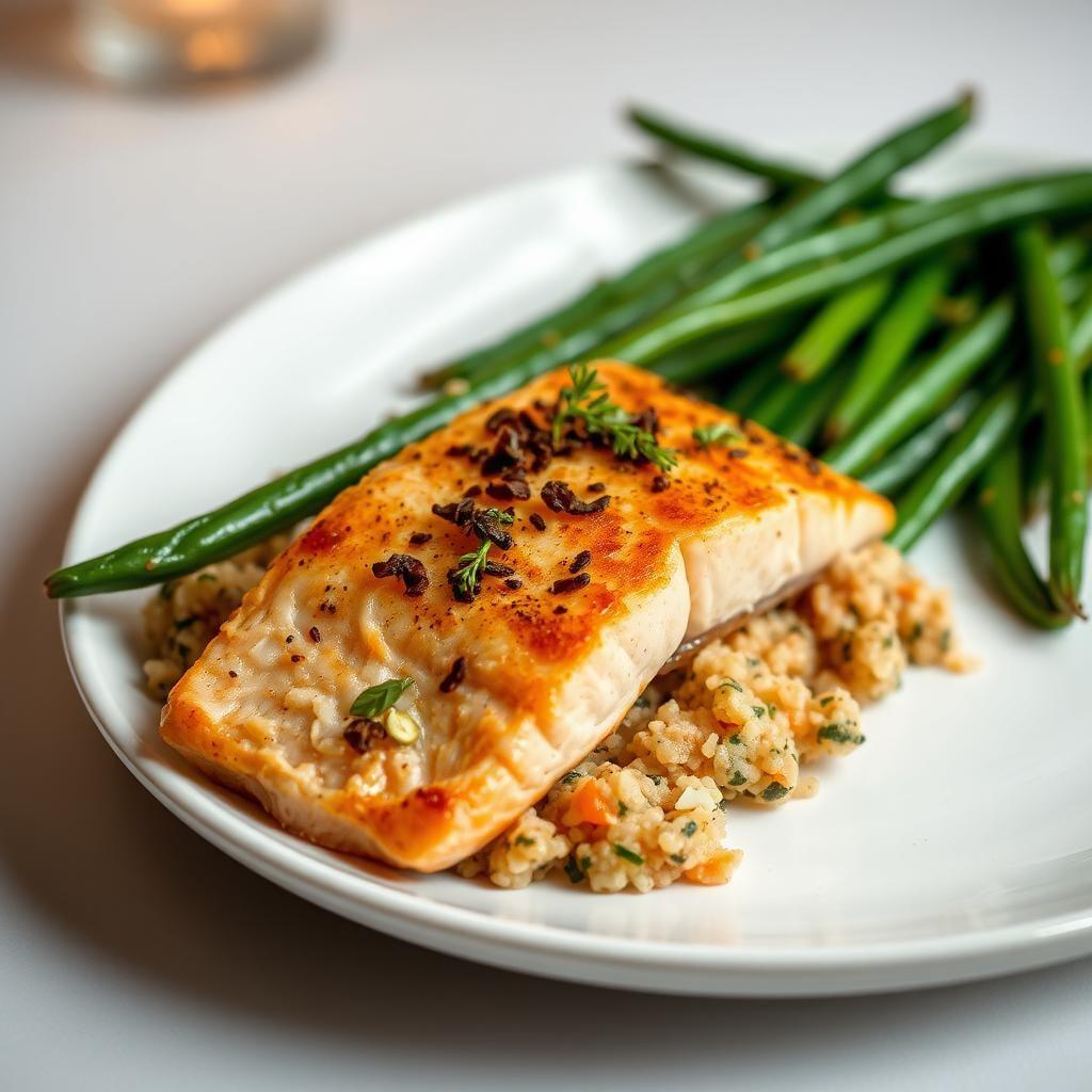Baked Salmon with Quinoa and Garlic Green Beans