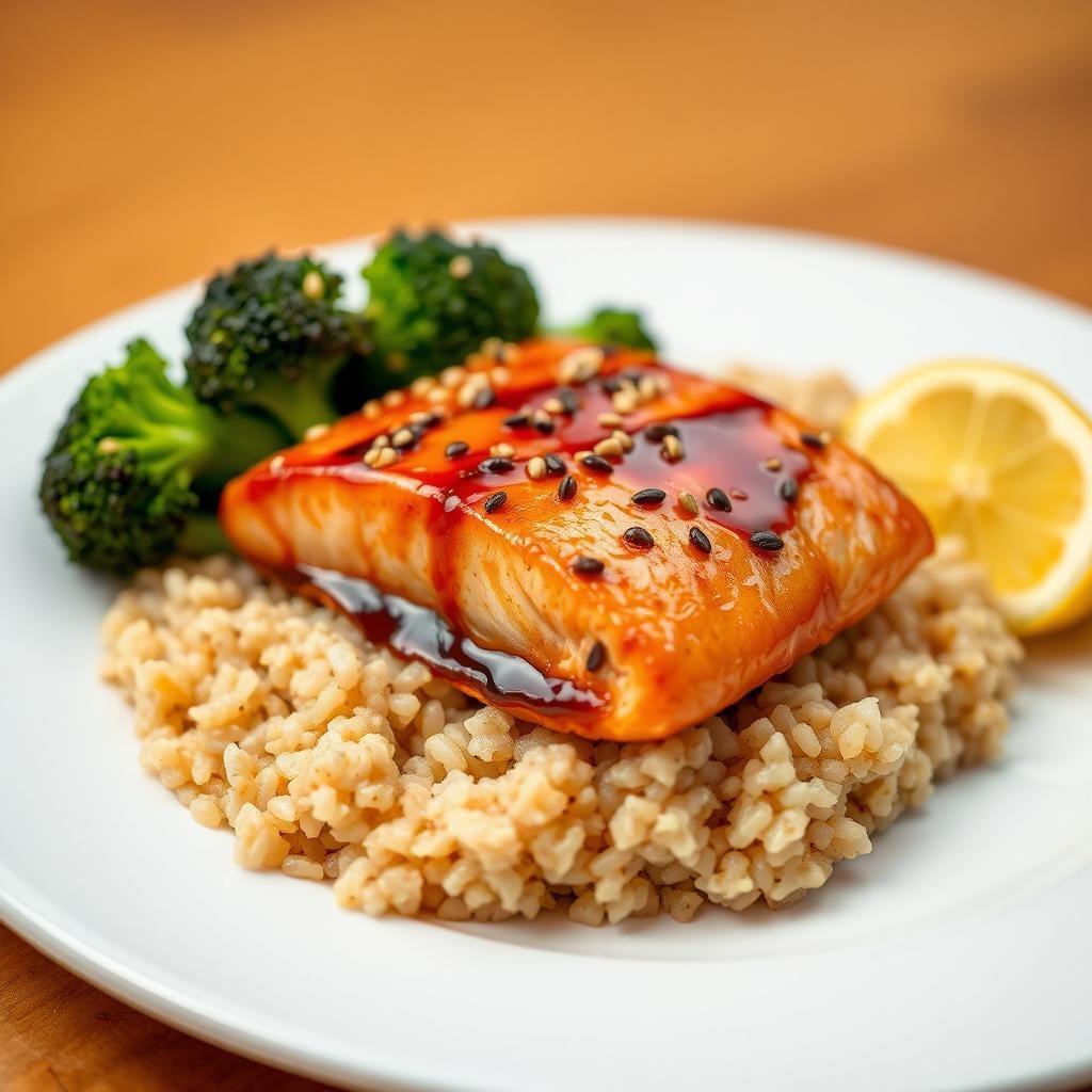 Sesame-Ginger Glazed Salmon with Steamed Broccoli and Brown Rice Sesame-Ginger Glazed Salmon with Steamed Broccoli and Brown Rice
