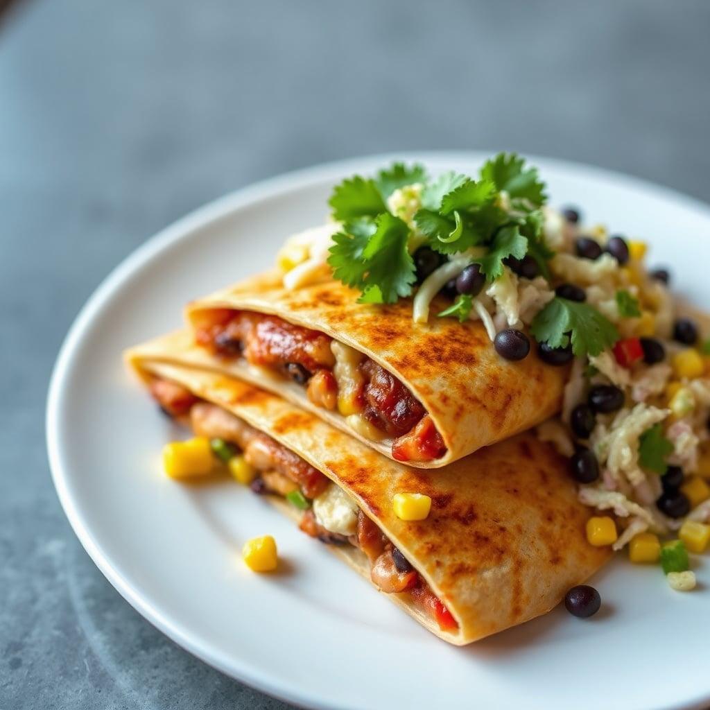 BBQ Chicken Quesadillas with Corn and Black Bean Slaw