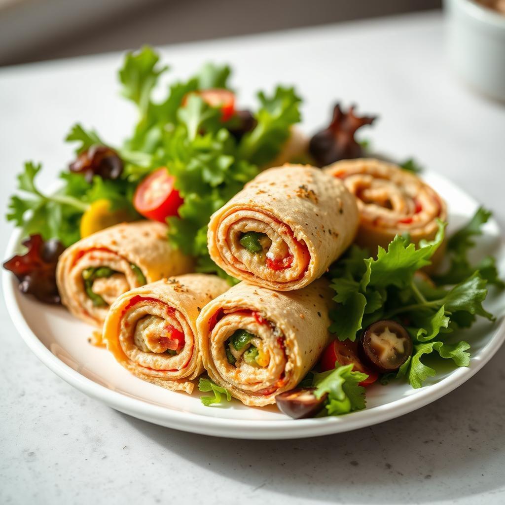 Turkey and Hummus Pinwheels with Mixed Greens Turkey and Hummus Pinwheels with Mixed Greens