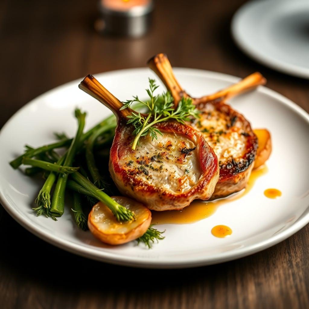 Herb-Brined Pork Chops with Charred Broccolini and Crispy Fingerling Potatoes Herb-Brined Pork Chops with Charred Broccolini and Crispy Fingerling Potatoes