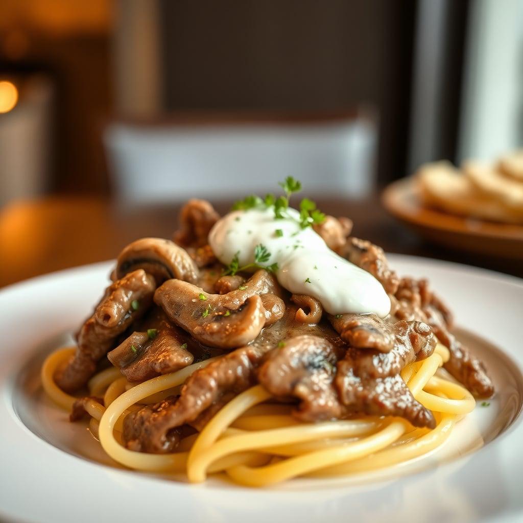 Beef and Mushroom Stroganoff with Egg Noodles and Sour Cream