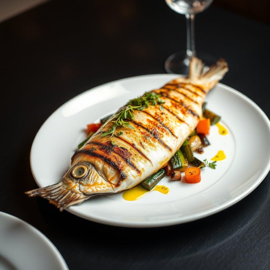 Grilled Mediterranean Branzino with Charred Vegetables and Herb Drizzle Grilled Mediterranean Branzino with Charred Vegetables and Herb Drizzle