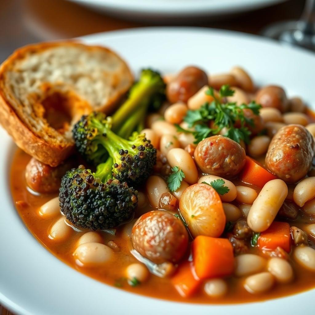 Tuscan White Bean and Turkey Sausage Stew with Garlic Bread and Roasted Broccoli