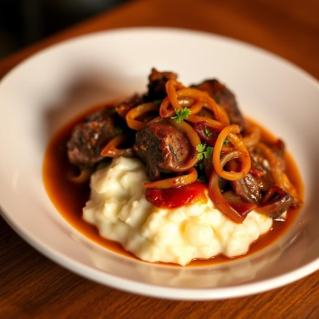 Slow-Cooked Pot Roast with Caramelized Onions & Sour Cream Mashed Potatoes Slow-Cooked Pot Roast with Caramelized Onions & Sour Cream Mashed Potatoes