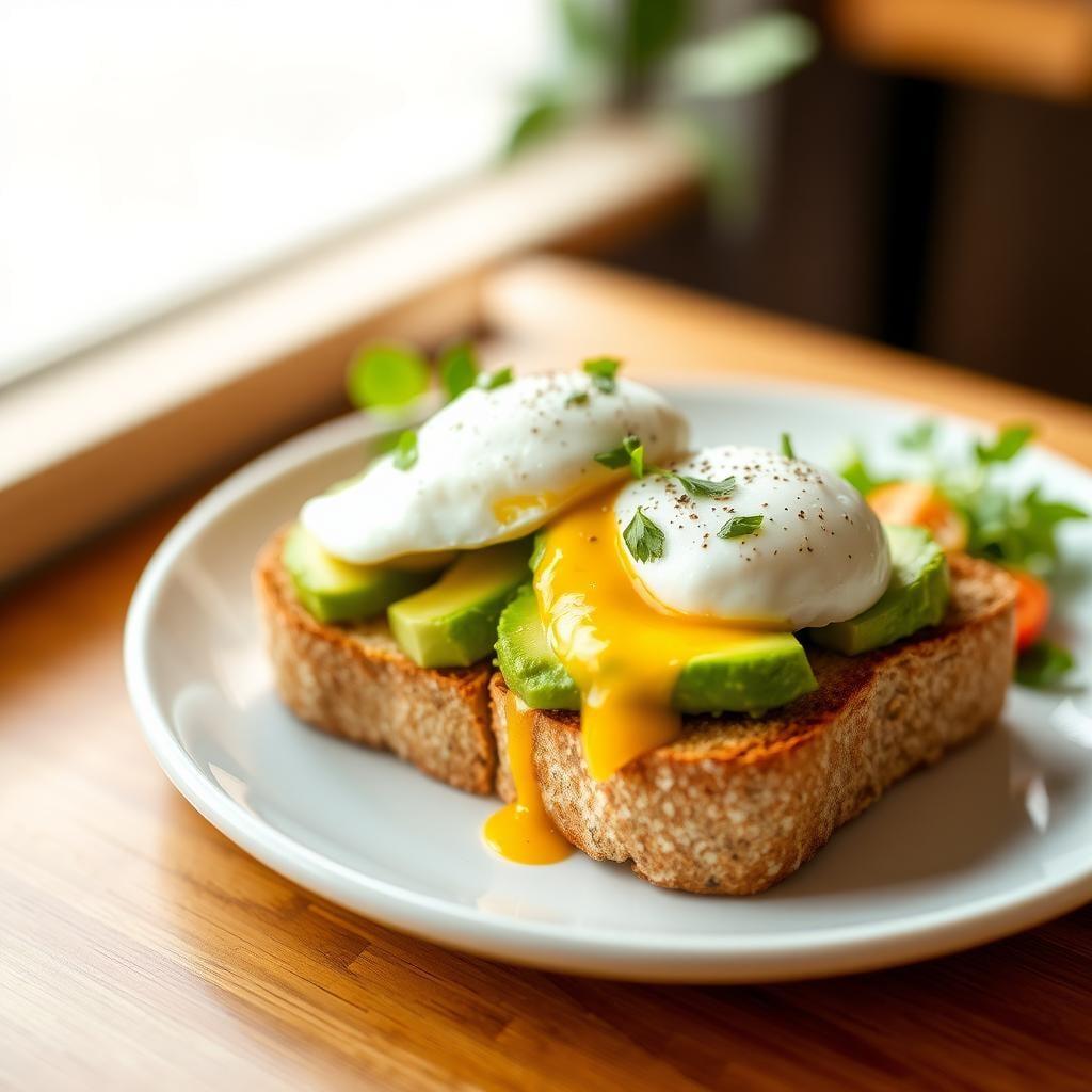 Whole Grain Toast with Avocado and Poached Eggs Whole Grain Toast with Avocado and Poached Eggs