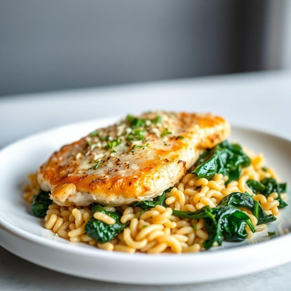 Lemon-Garlic Pan-Seared Chicken with Parmesan Orzo and Wilted Spinach Lemon-Garlic Pan-Seared Chicken with Parmesan Orzo and Wilted Spinach