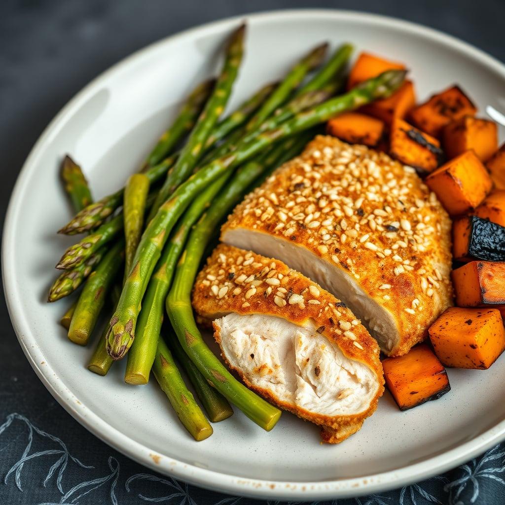 Almond-Crusted Lemon Chicken with Roasted Sweet Potatoes and Asparagus