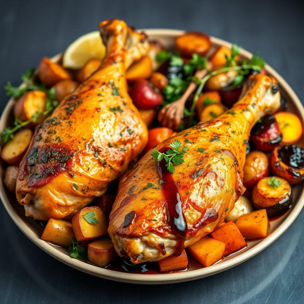 Herb-Roasted Chicken Legs with Lemon-Garlic Potatoes and Balsamic Glazed Vegetables Herb-Roasted Chicken Legs with Lemon-Garlic Potatoes and Balsamic Glazed Vegetables