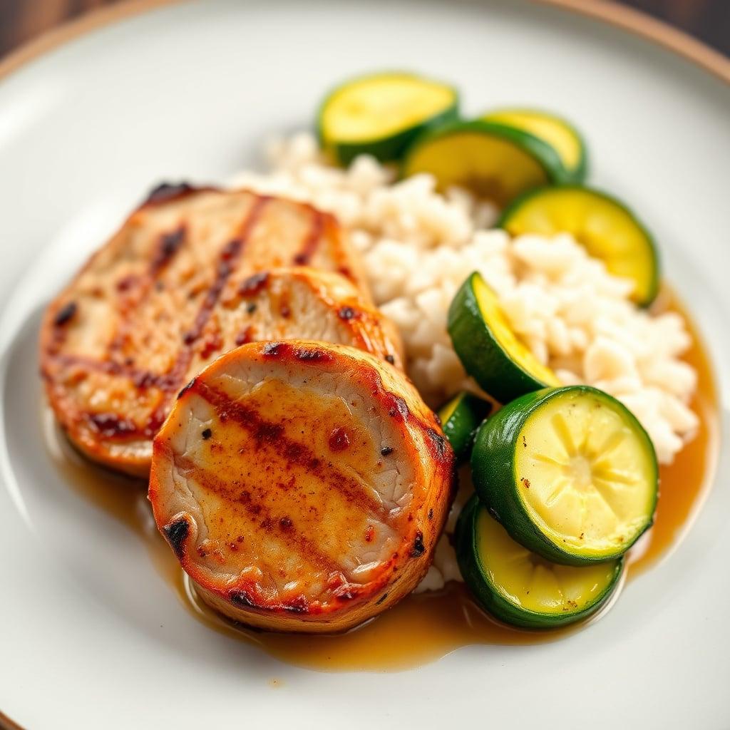 Seared Pork Tenderloin Medallions with White Rice and Zucchini Seared Pork Tenderloin Medallions with White Rice and Zucchini