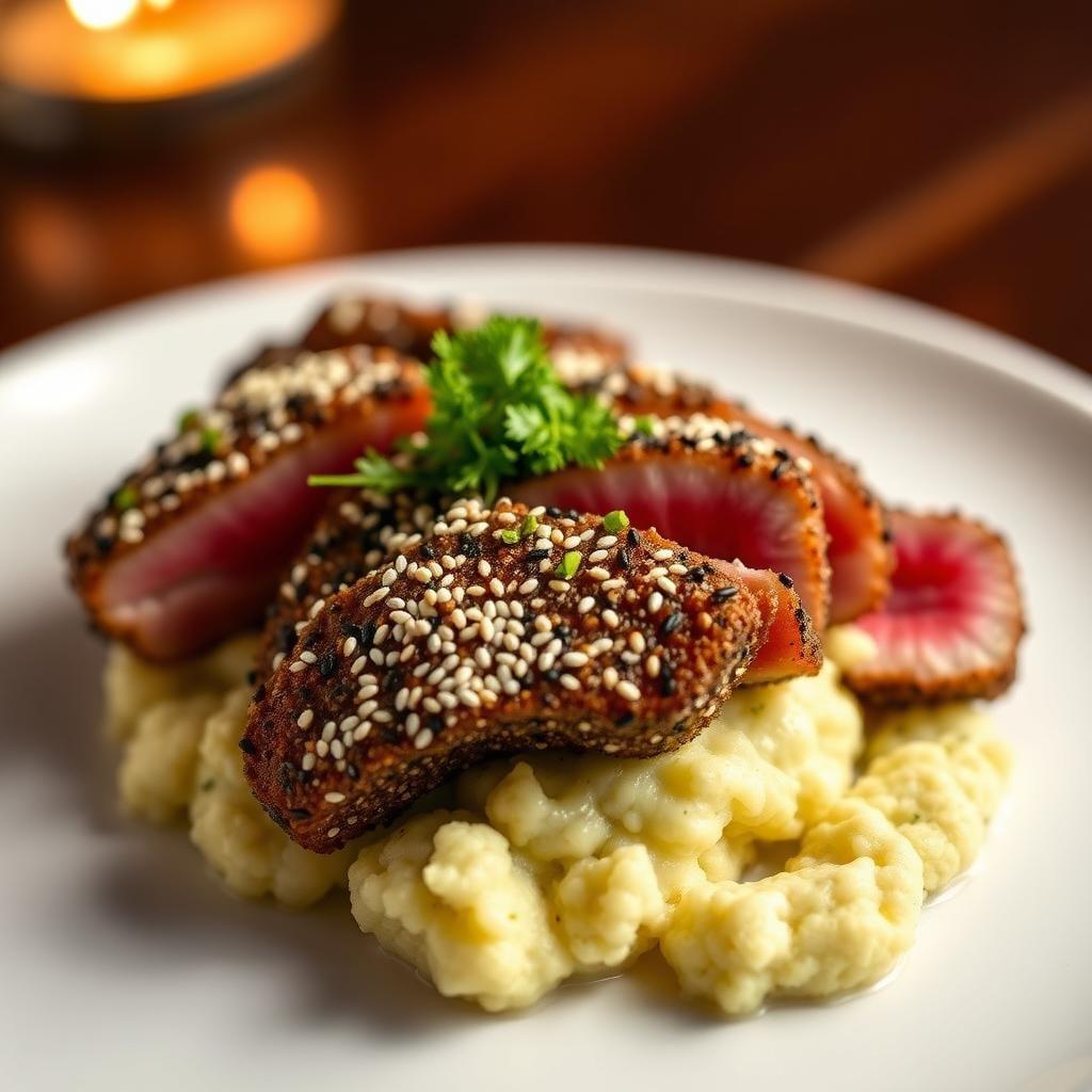 Sesame-Crusted Ahi Tuna with Wasabi Cauliflower Mash Sesame-Crusted Ahi Tuna with Wasabi Cauliflower Mash