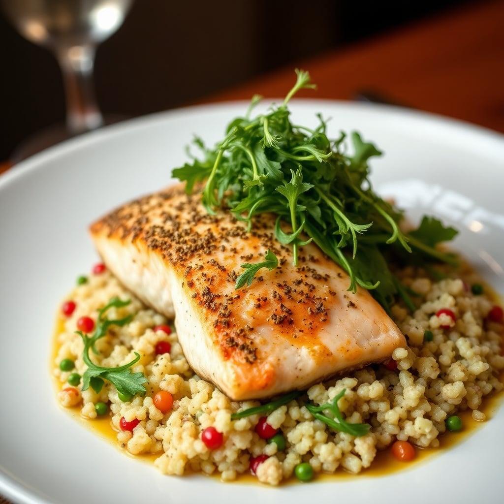 Herb-Crusted Chinook Salmon with Dill-Feta Quinoa and Peppery Arugula Salad Herb-Crusted Chinook Salmon with Dill-Feta Quinoa and Peppery Arugula Salad