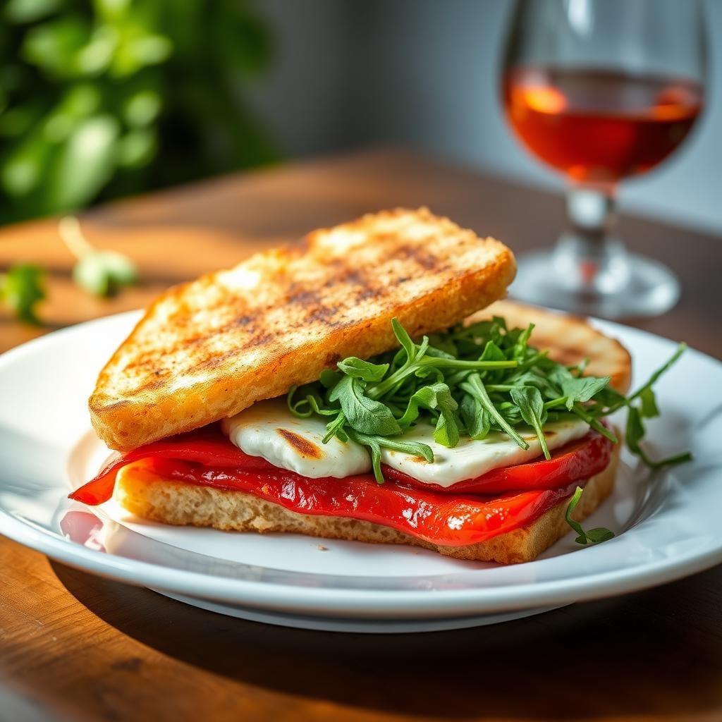 Roasted Red Pepper & Goat Cheese Panini with Arugula Salad Roasted Red Pepper & Goat Cheese Panini with Arugula Salad