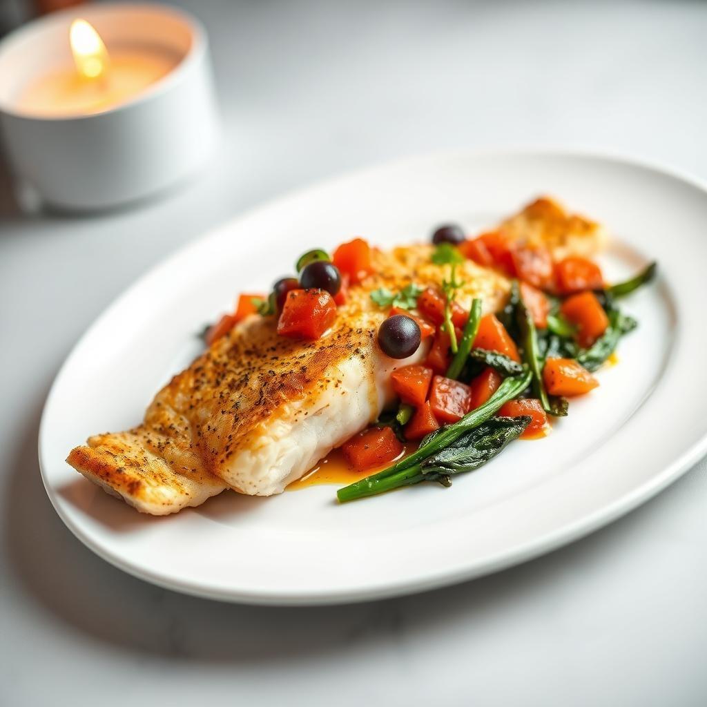 Baked Cod with Tomato-Olive Relish and Sautéed Greens