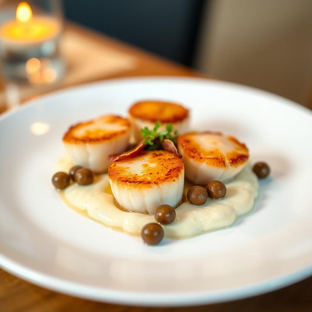 Seared Scallops with Cauliflower Purée, Crispy Prosciutto, and Brown Butter Capers Seared Scallops with Cauliflower Purée, Crispy Prosciutto, and Brown Butter Capers