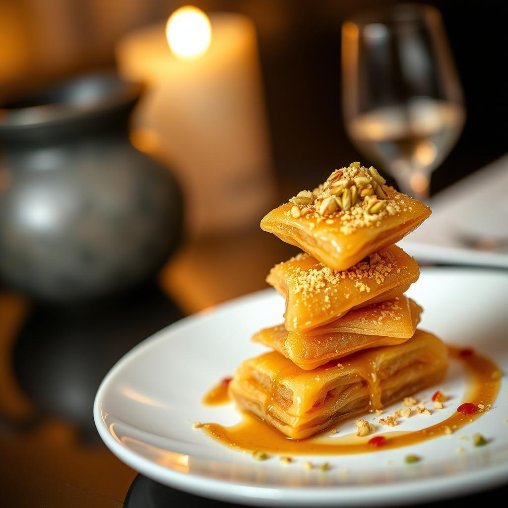 Cardamom-Spiced Baklava Towers with Honey-Rose Syrup and Pistachio Dust