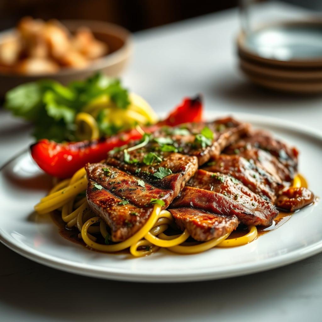 Chimichurri Flank Steak with Charred Bell Peppers and Cilantro-Lime Zucchini Noodles
