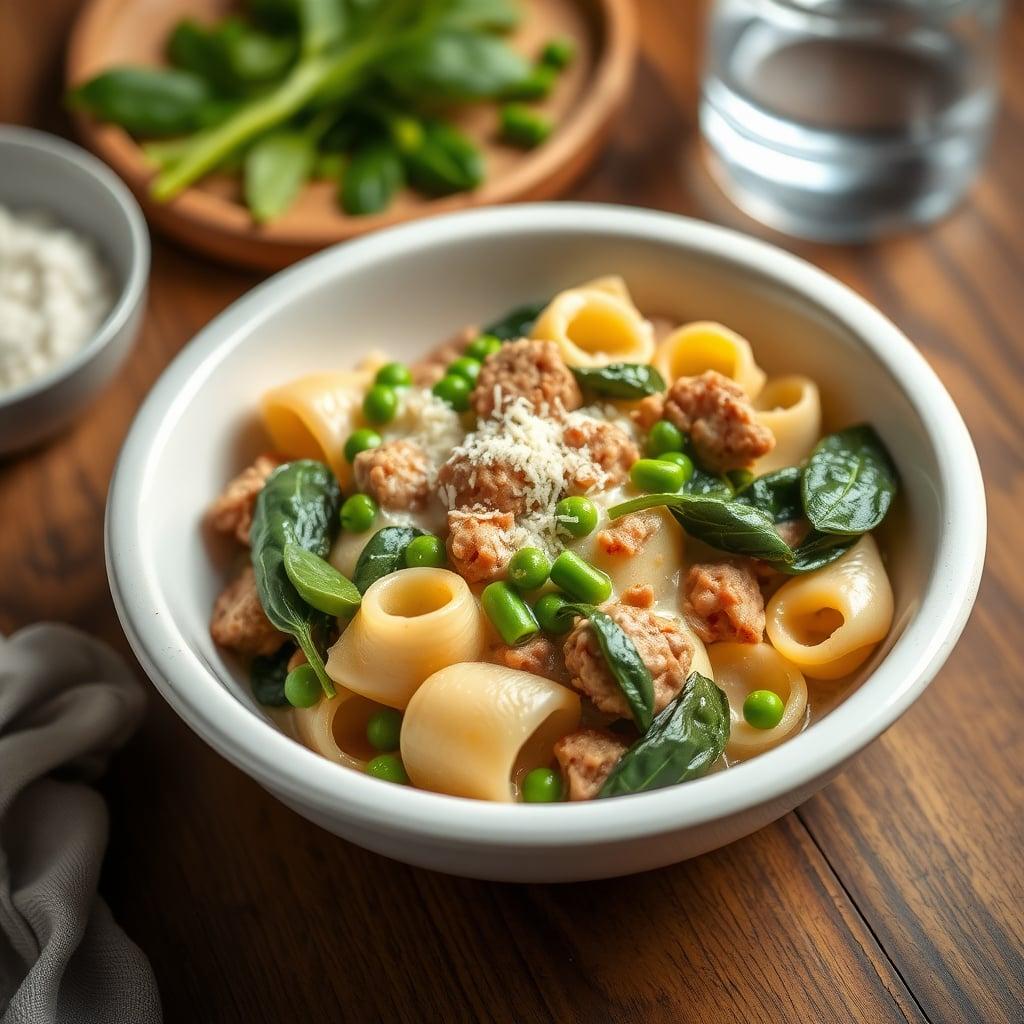 Creamy Mild Italian Sausage and Shells with Sweet Peas and Baby Spinach Creamy Mild Italian Sausage and Shells with Sweet Peas and Baby Spinach