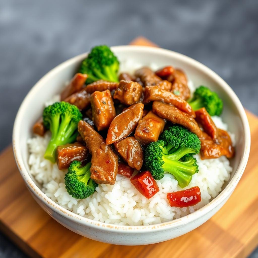 Sautéed Garlic-Ginger Beef with Broccoli and White Rice Sautéed Garlic-Ginger Beef with Broccoli and White Rice