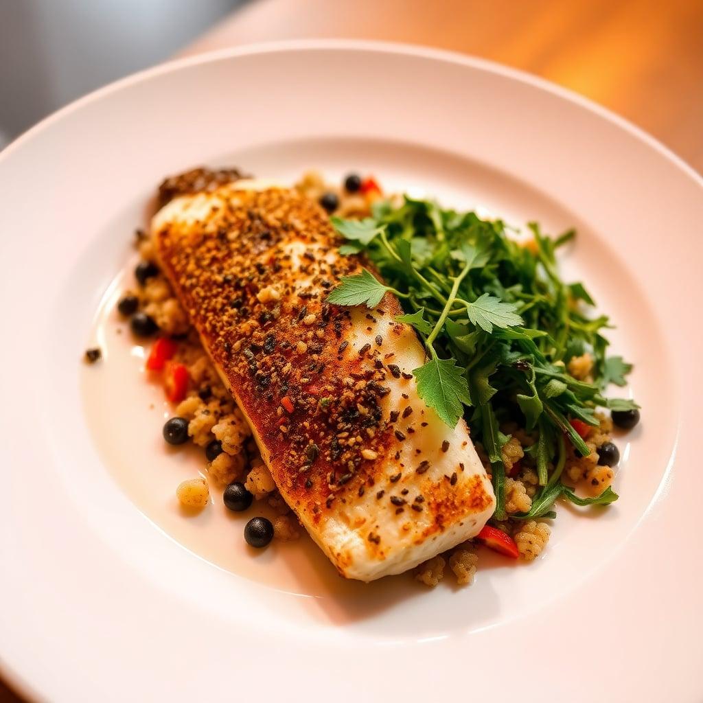 Mediterranean Herb-Crusted Branzino with Quinoa Tabbouleh and Roasted Arugula Mediterranean Herb-Crusted Branzino with Quinoa Tabbouleh and Roasted Arugula