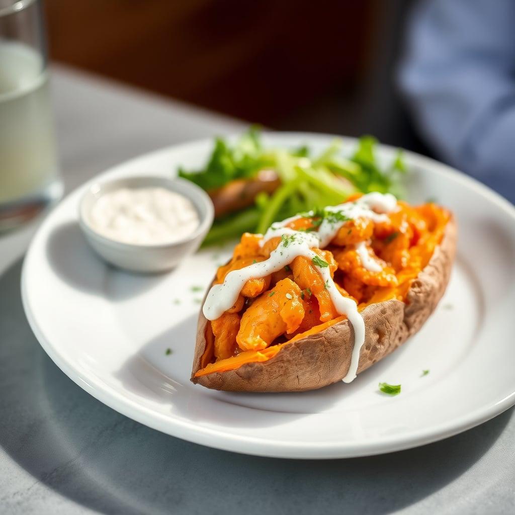 Buffalo Chicken Stuffed Sweet Potatoes with Blue Cheese Drizzle