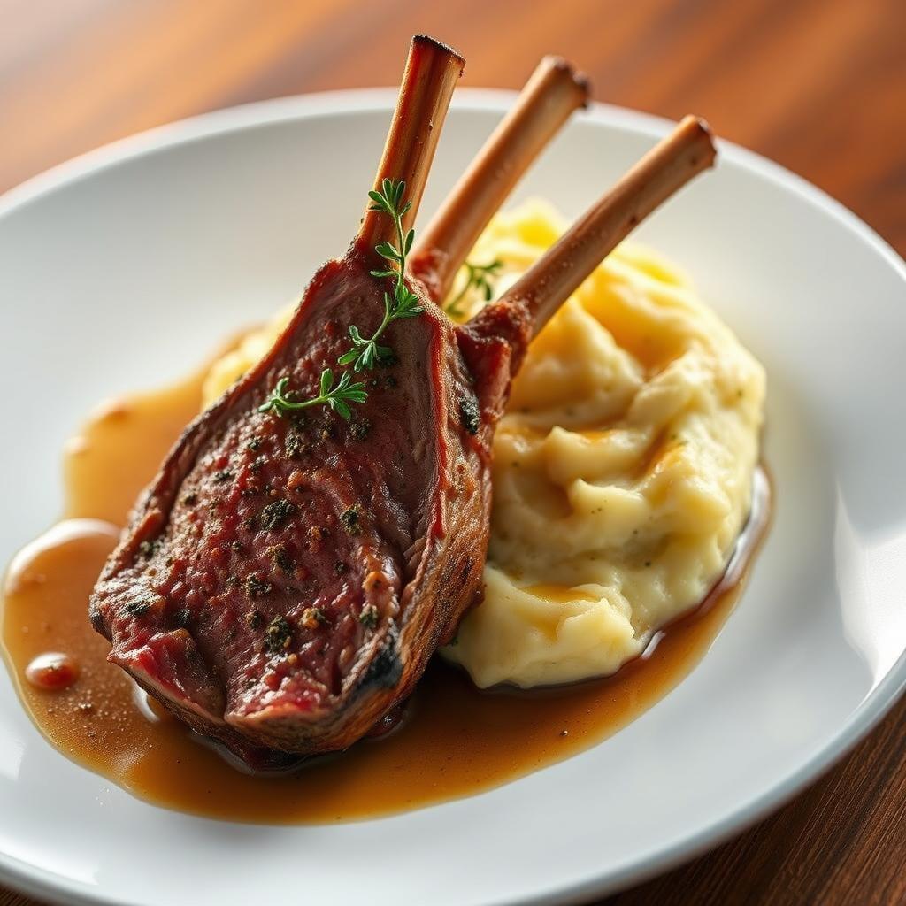 Herb-Crusted Rack of Lamb with Roasted Garlic Mashed Potatoes Herb-Crusted Rack of Lamb with Roasted Garlic Mashed Potatoes
