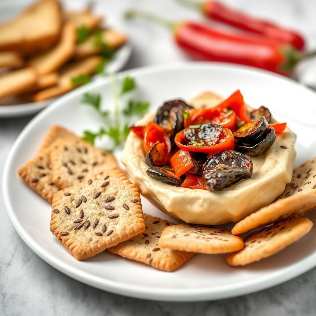 Roasted Eggplant & Red Pepper Dip with Seed Crackers (Leftover) Roasted Eggplant & Red Pepper Dip with Seed Crackers (Leftover)