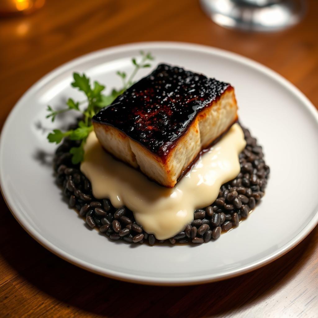 Miso-Glazed Black Cod with Forbidden Rice Risotto, Yuzu Beurre Blanc, and Compressed Cucumber Miso-Glazed Black Cod with Forbidden Rice Risotto, Yuzu Beurre Blanc, and Compressed Cucumber