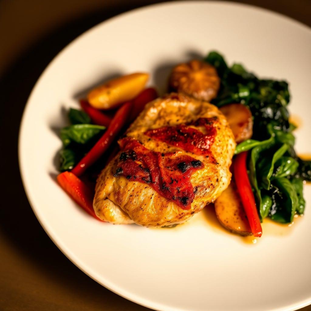 Pan-Roasted Chicken Thighs with Garlic-Sautéed Spinach, Balsamic-Charred Bell Peppers, and Herb-Roasted Fingerling Potatoes Pan-Roasted Chicken Thighs with Garlic-Sautéed Spinach, Balsamic-Charred Bell Peppers, and Herb-Roasted Fingerling Potatoes