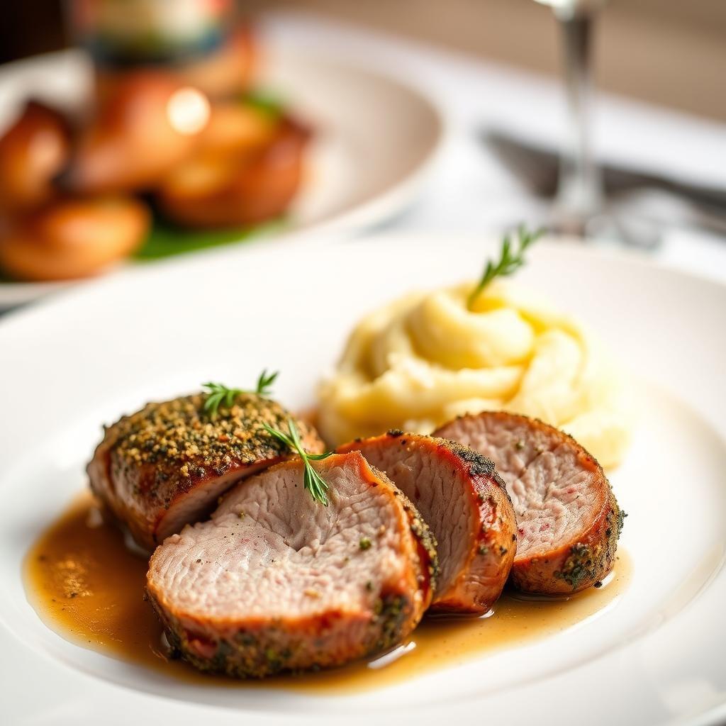 Herb-Crusted Pork Tenderloin with Roasted Garlic Mashed Potatoes Herb-Crusted Pork Tenderloin with Roasted Garlic Mashed Potatoes
