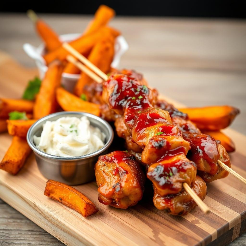 BBQ Chicken Skewers with Roasted Sweet Potato Wedges and Creamy Slaw